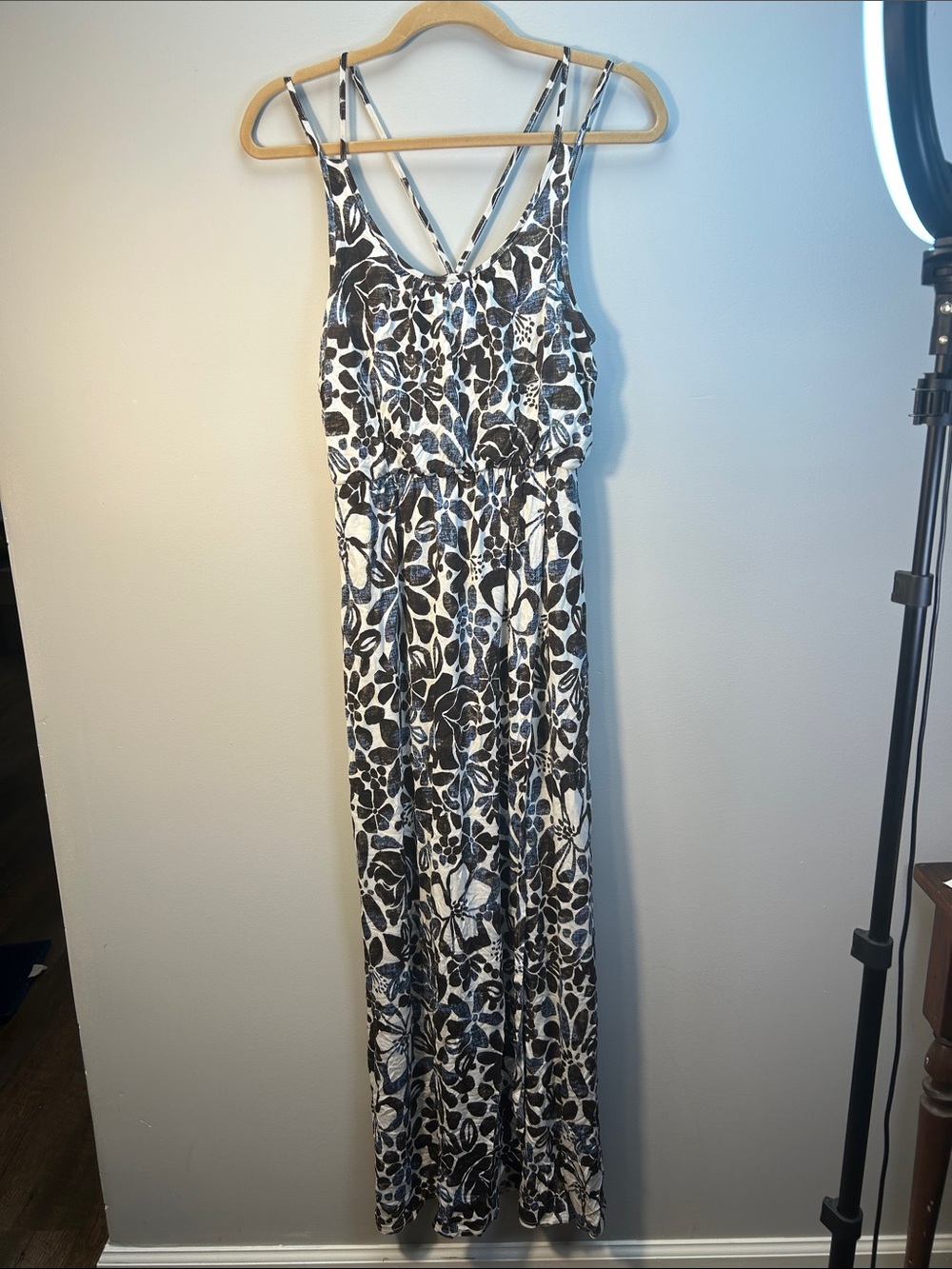 LOFT Black and White Floral Strappy Maxi Dress with Cross-Back